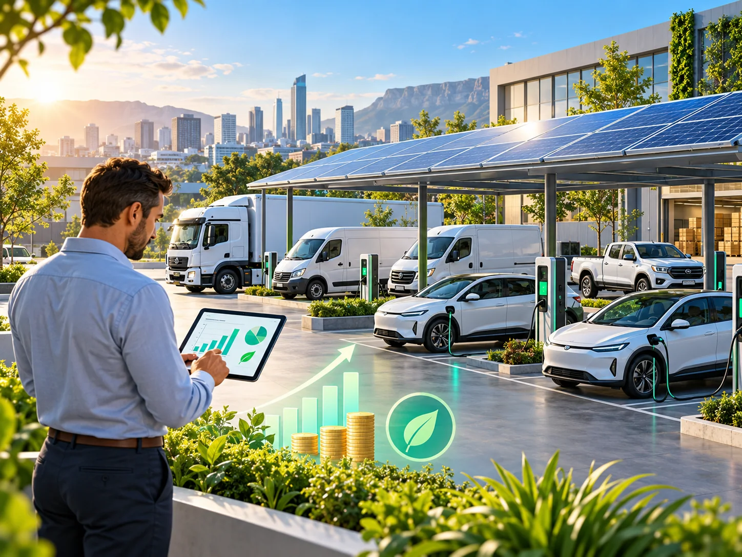 Business fleet transition illustration showing electric cars, vans, a truck and a bakkie charging under solar carports while a manager reviews savings.