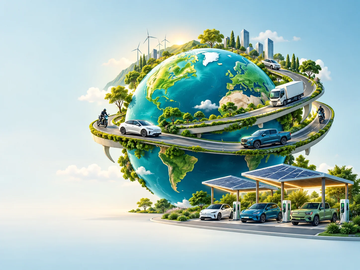 Illustration of electric cars, motorcycles and charging systems
